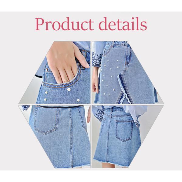 Young Ladies Short Denim Mini Skirt With Pearls , Women's A Line Denim Skirt