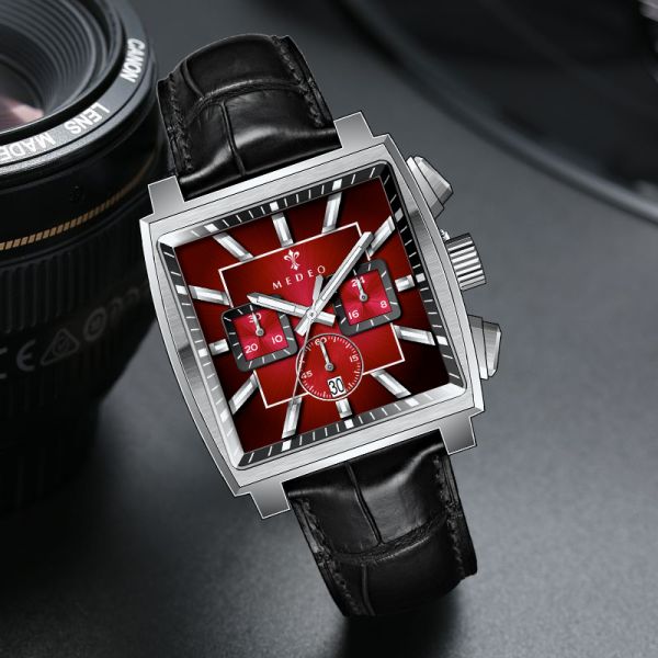 Stainless Steel Square Men's Quartz Watch, ODM Supported | Comes With Genuine Leather Strap - Made in Shenzhen, China