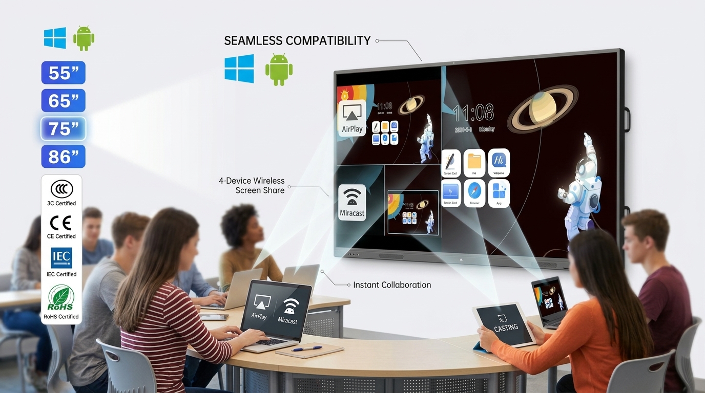 110 Inch Wireless Casting 4K Smart Interactive Whiteboard QM-110HY with Multi Device Screen Mirroring Classroom