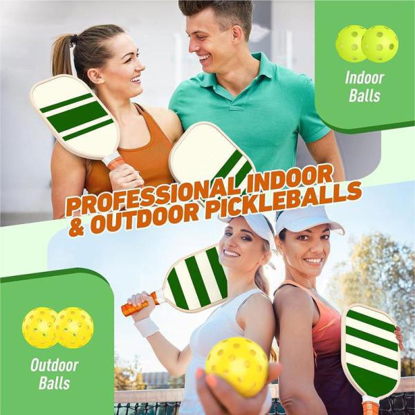 Wooden Pickleball Paddles Set of 4 Rackets with Balls and Bag BASEBALL Style Equipment