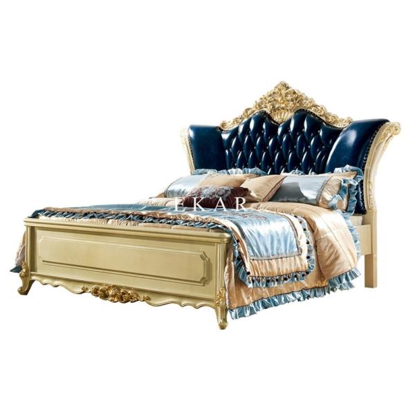Luxury Classic Design Wooden Carved Upholstered Leather King Size Bed