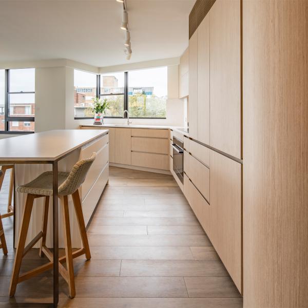 Handless Light White Wood Veneer Kitchen Cabinet Storage Cabinets