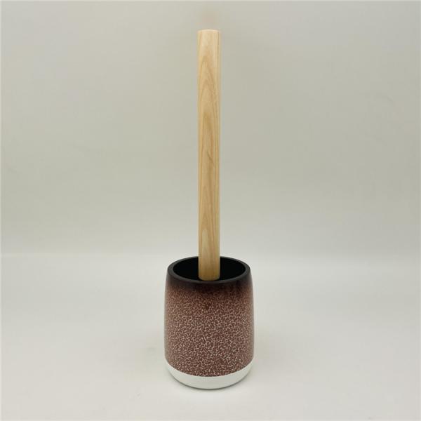 5pcs Ceramic Look Polyresin Bathroom Accessories Set Toothbrush Tumbler Holder With Wood Parts