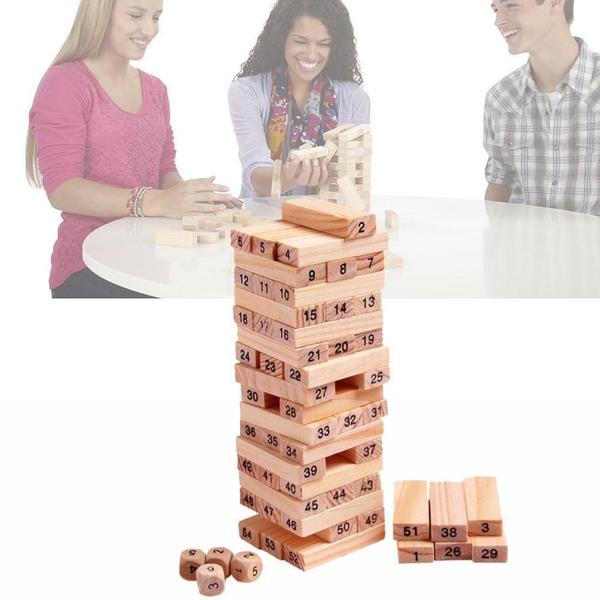 54 Pieces Digital Children'S Stacked Wooden Tumbling Tower Light Brown