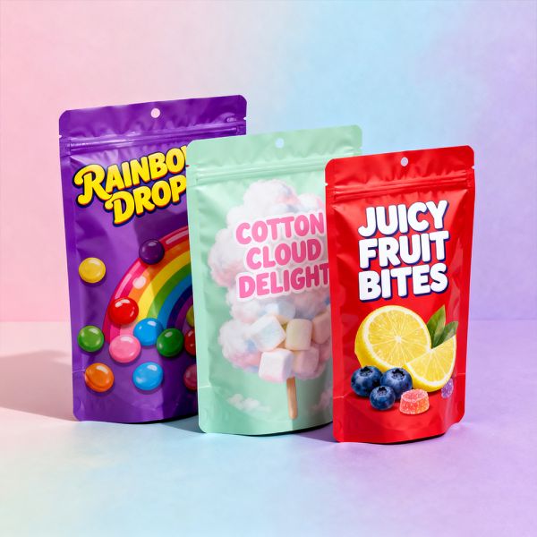 Jelly Gravure Printing Custom Soft Touch Film Bag Packaging Snacks Candies Smell Proof 3.5grams Holographic Mylar Bag Window