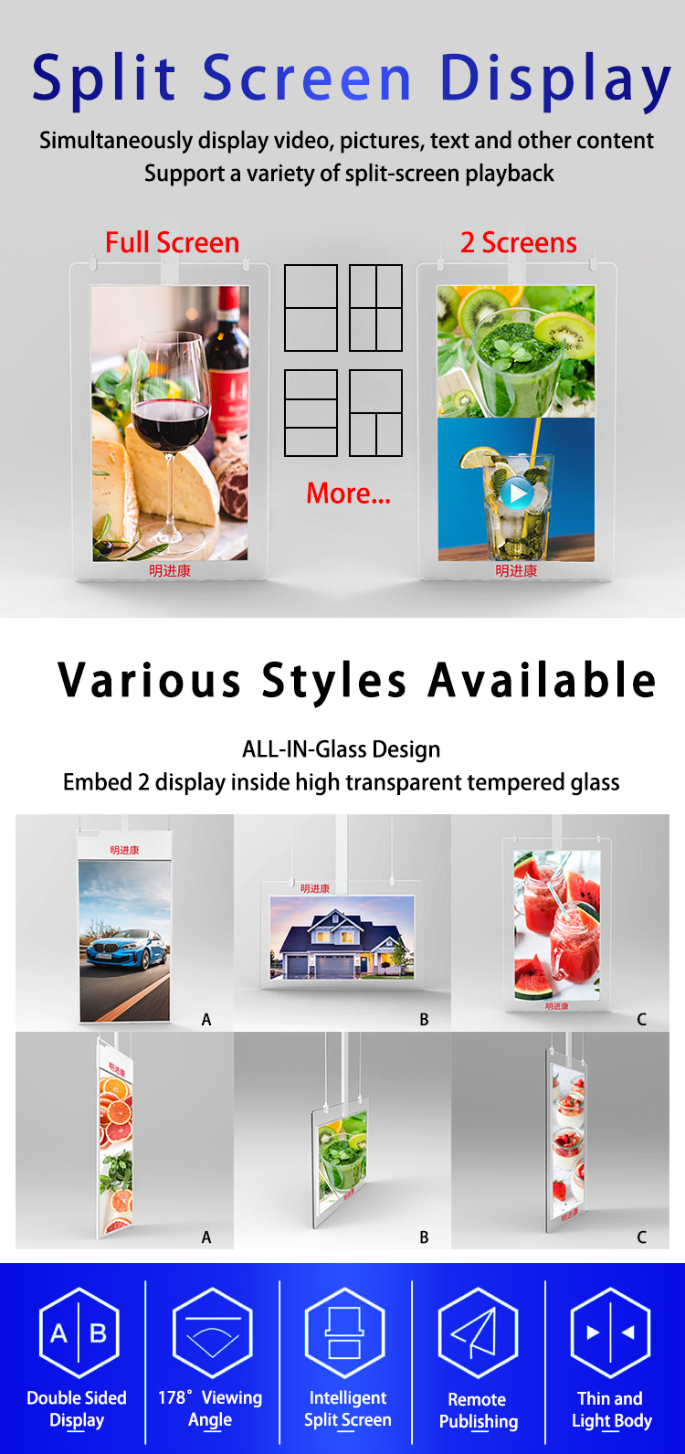55 Inch Ultra-Thin Double-Sided Transparent Digital Poster 4K Roof-Hanging Android/Windows OS Compatible Elevator Wayfinding