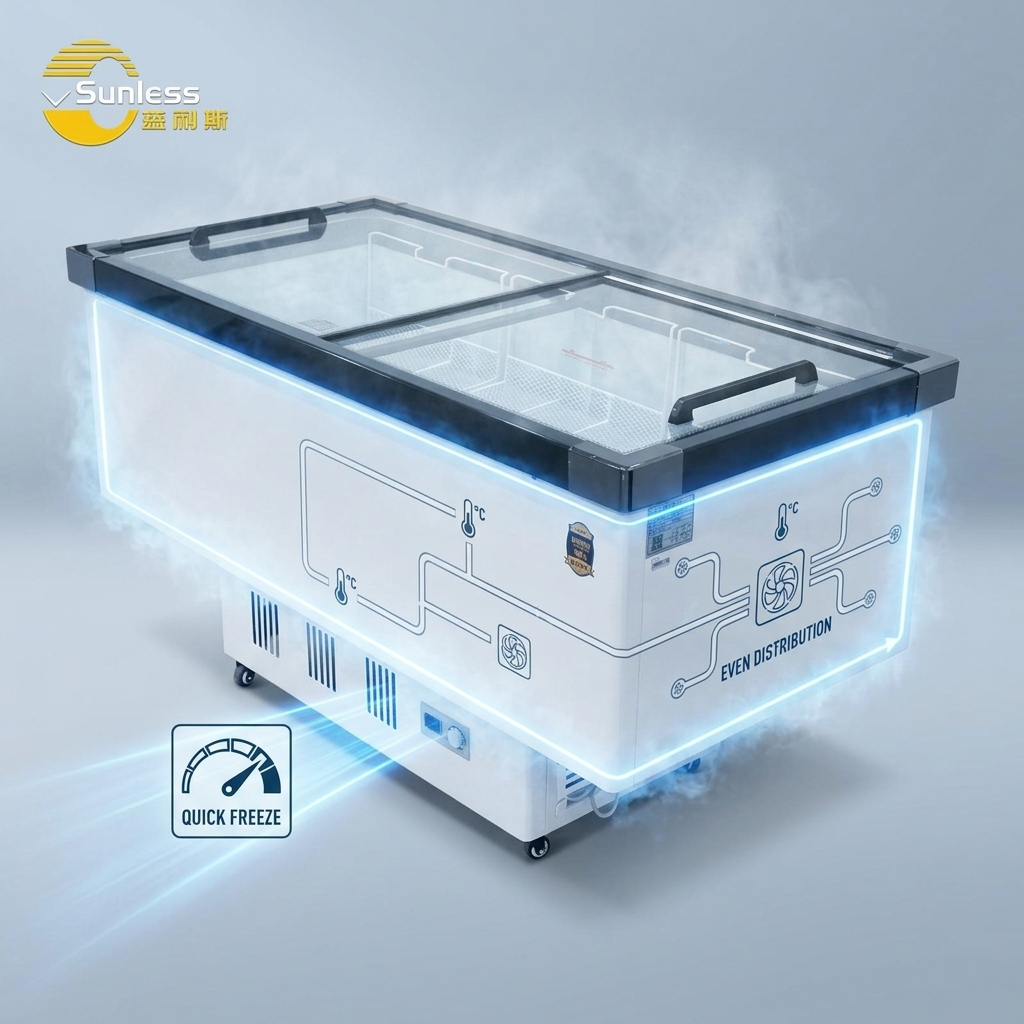 Double Door Flat Top Display Freezer Single Temperature Auto Defrost Deep Freezer