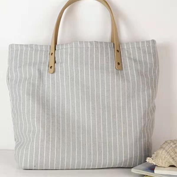 Striped Organic Cotton Canvas Tote Bag Fashion With Leather Handle