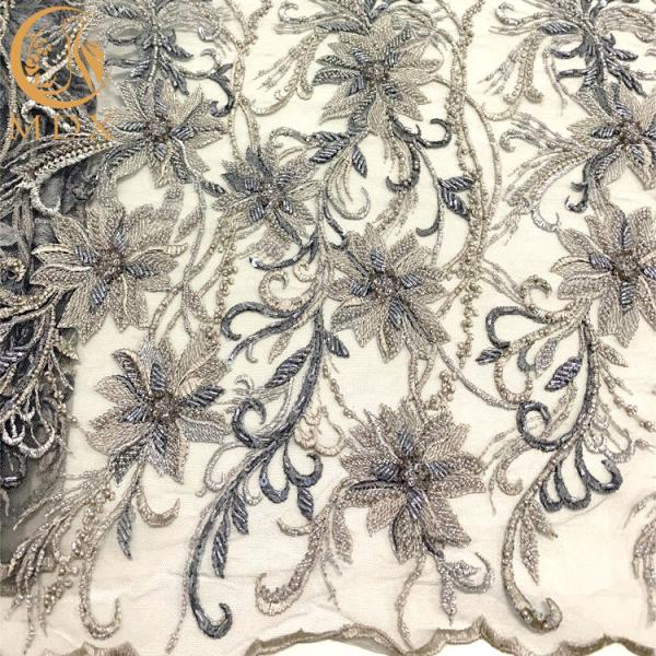 Heavy Handmade Embroidery Grey Beaded Lace Fabric On Polyester Mesh