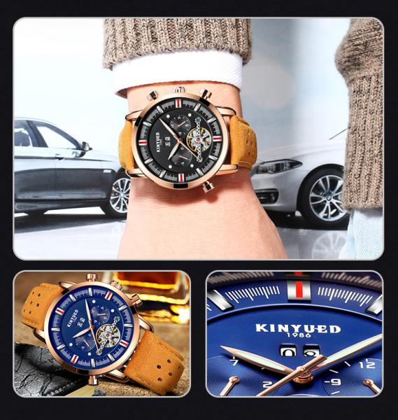 KINYUED J019-3  Private Label Gold Case Genuine Leather Auto Date Skeleton Tourbillon Automatic Mechanical Wristwatches