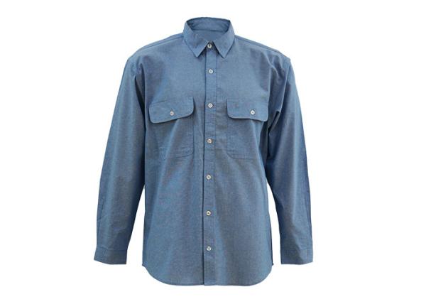 Men's 100%Cotton Chambray Blue Work Shirt Long Sleeve Chest Pockets Detailed Sleeve Band