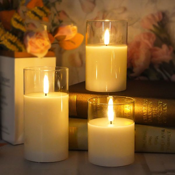 Set of 5 Warm White LED Pillar Candles with Remote Control and Glass Surface for Home Decoration
