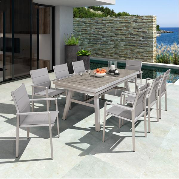 10 Seater Garden Dining Set WPC Table and Brushed Aluminum Chairs for Outdoor Furniture