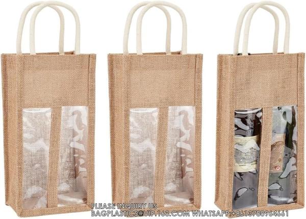 Burlap Wine Bottle Bag Jute Wine Tote Gift Bag With 2 Clear Window And Handle Wedding Birthday Festivals Souvenir
