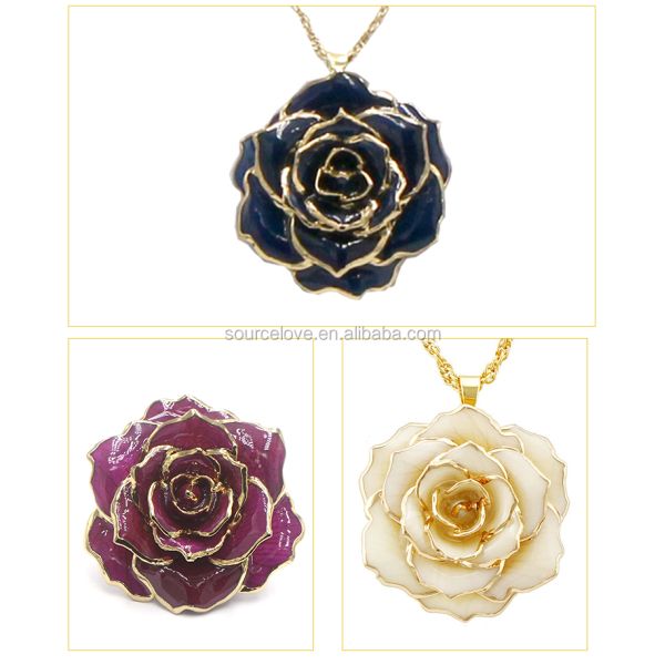 Fashion Necklace Wholesale 24K Gold Trimmed Rose Real Rose Dipped in Gold/Gold Plated Natural Rose Necklace for Birthday Gift