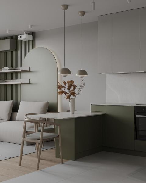L Shaped White And Green Kitchen Cabinets Modern PET Kitchen System Tailored