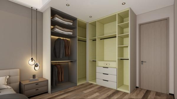 Modern Color Contrast Bedroom Corner Wardrobe With Functional Zoning