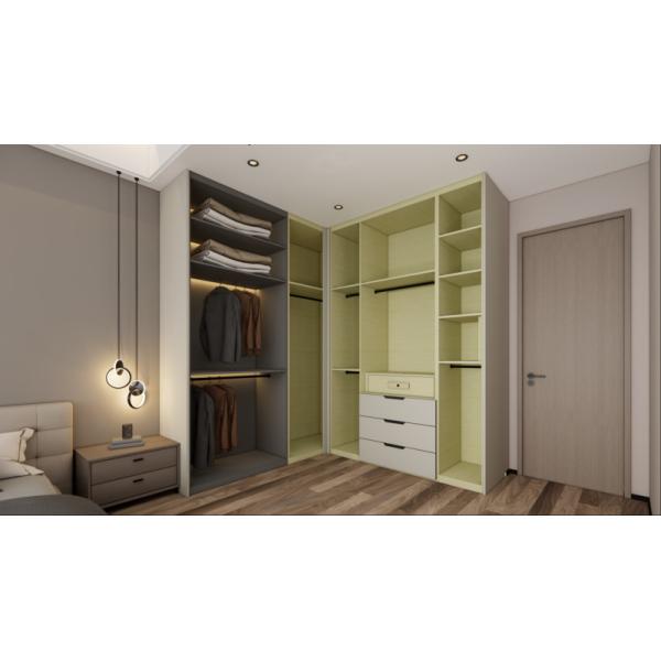 Contraste de color moderno Armario de la esquina del dormitorio con zonificación funcional