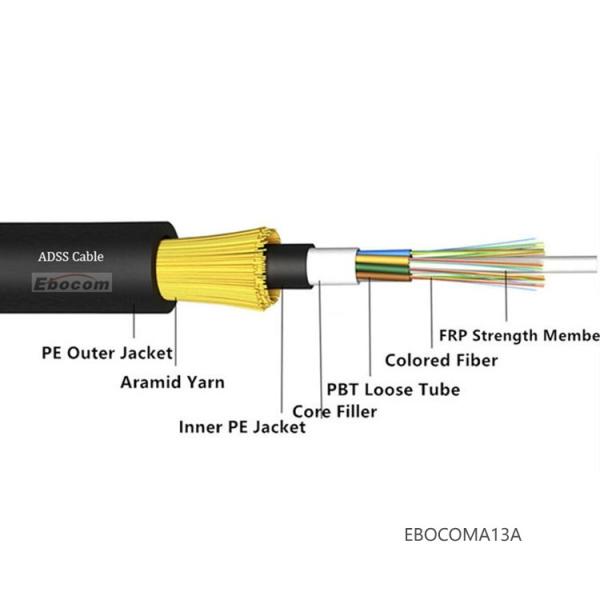 Aerial 36 Core ADSS Fiber Optic Cable Single Mode G652D PE/AT Jacket 100-200m Span for High Voltage Power Line