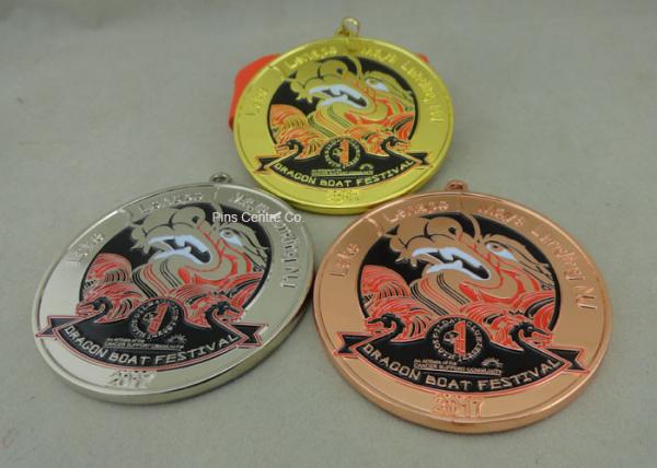 Zinc Alloy Customized Ribbon Medals , 3D Sports Running Medals With Gold Plating
