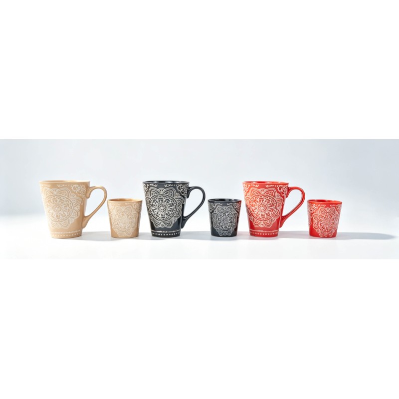 Boho Mandala Pattern Ceramic Mug Set, 2 Size Matching Ethnic Decorative Coffee & Espresso Cups