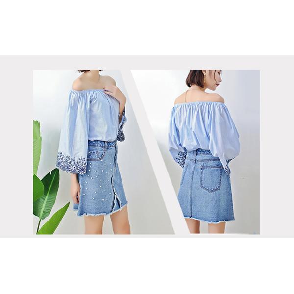 Young Ladies Short Denim Mini Skirt With Pearls , Women's A Line Denim Skirt