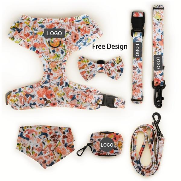 Custom Designers Dogs Logo Luxury Soft Padded Reversible Dog Harness Vest and Collar Leash Bow Bandana Pet Harness Sets