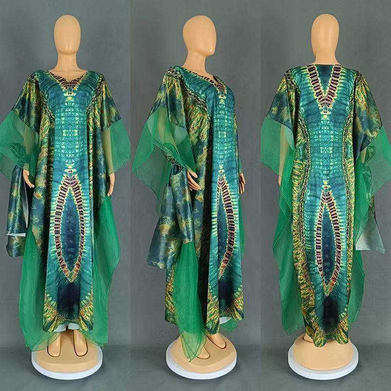 Women’s African Print Chiffon Kaftan Dress with High-Waist Design for Elegant Casual Wear