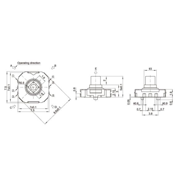 SMT / SMD Tactile Switch , Square Button Switch 5 Ways Position 50mA Rating