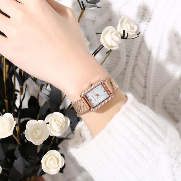 Square SS Mesh Strap Ladies Quartz Watch OEM Rhinestone Rose Gold Waterproof