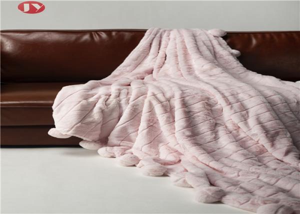 Rabbit Faux Animal Fur Blanket Throw Pink Warm Cozy Cover With Pompoms Fringe Solid