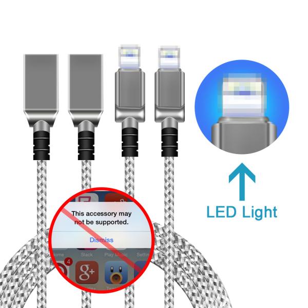 iPhone 5 6 7 Plus LED Light USB Charging Cable Zinc Alloy Metal Head OEM