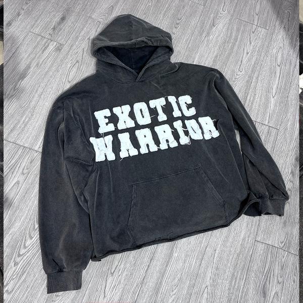 Sudadera con capucha con etiqueta de impresión personalizada, vintage, cruda, de corte cuadrado, con bordes cortados, apliques y bordados, para hombre