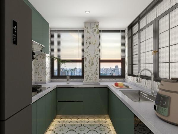 U-Shaped Stainless Steel Kitchen Cabinet With Elegant Green Finish