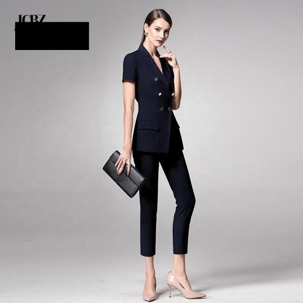 Тёмный военно-морской стиль стройный блейзер для дам офис короткий рукав женские костюмы воротник V-шесть