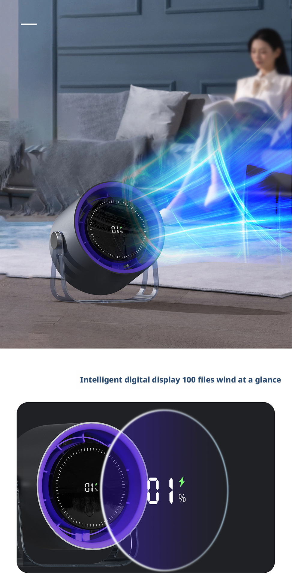 100 Speed Portable Table Fan Rechargeable Stepless High Speed Brushless Motor For Office Home Use