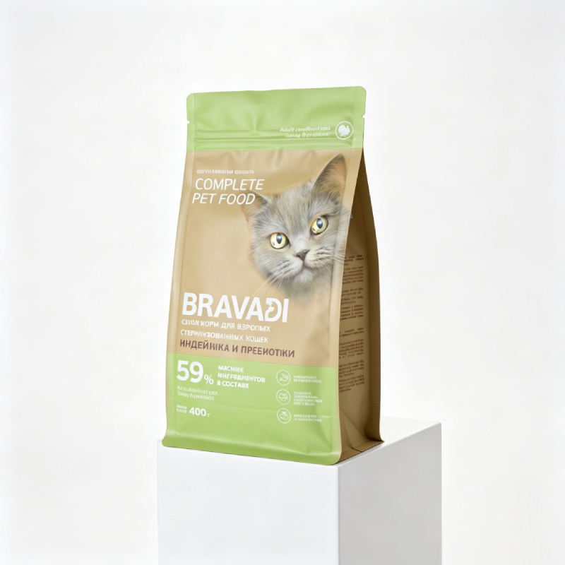 Custom Full Color Printed Eight Side Seal Cat Feed Bag | Resealable Zipper Pouch With Short-Hair Cat Image For Small Portion Premium Feline Dry Food