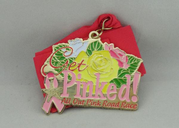 Pink Road Race Ribbon Medals 70mm Gold Plating With Soft Enamel