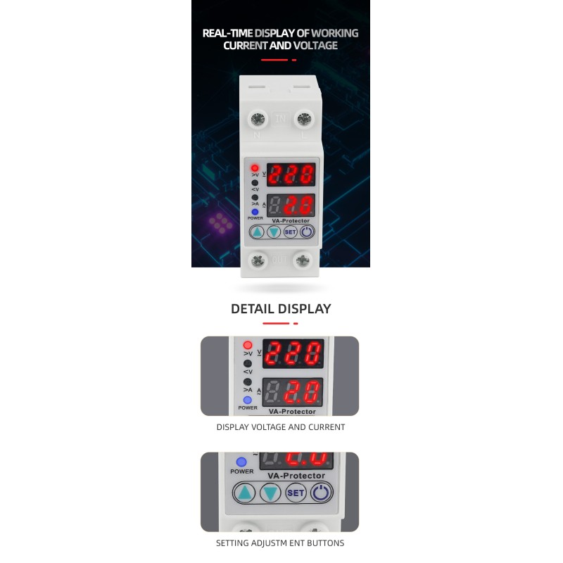 Single Din Rail 63A 40A Dual LED Display Voltage Protector Adjustable Over Under Voltage Protective Relay for Single Phase