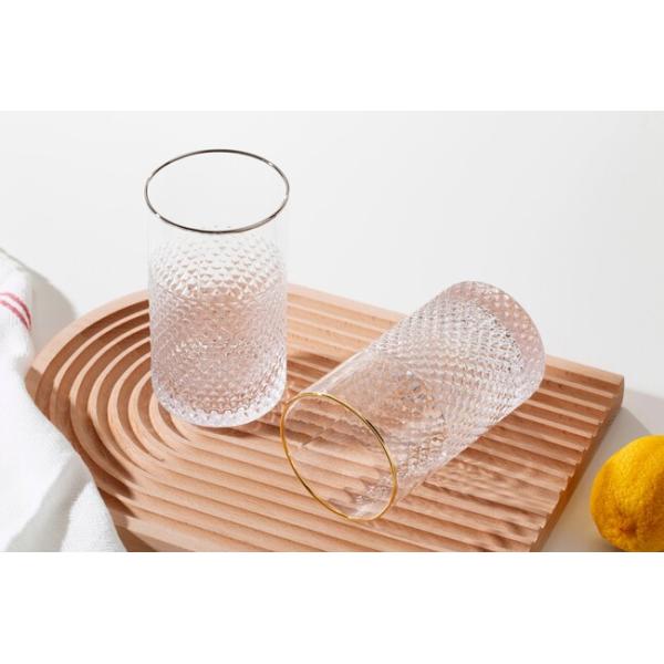 Diamond Cut Highball Glass Drinking Cups Gold Silver Rimmed 18 Ounce Mouth Blown