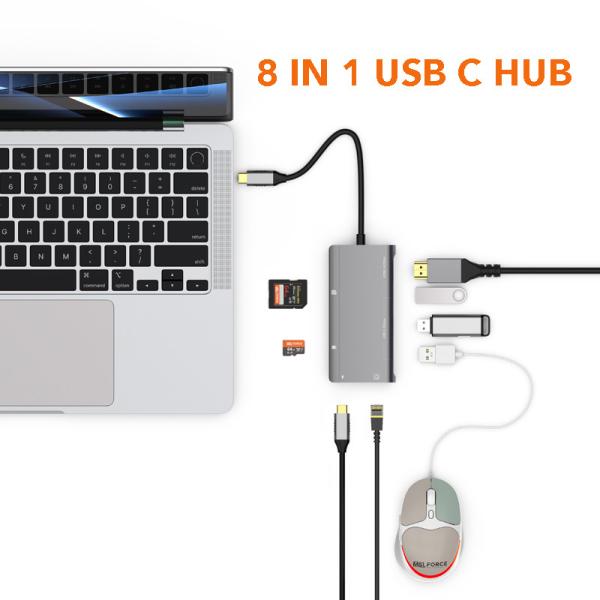 Adaptateur USB Type C 8 en 1 vers HDMI, lecteur de carte, RJ45, HUB USB, alimentation PD