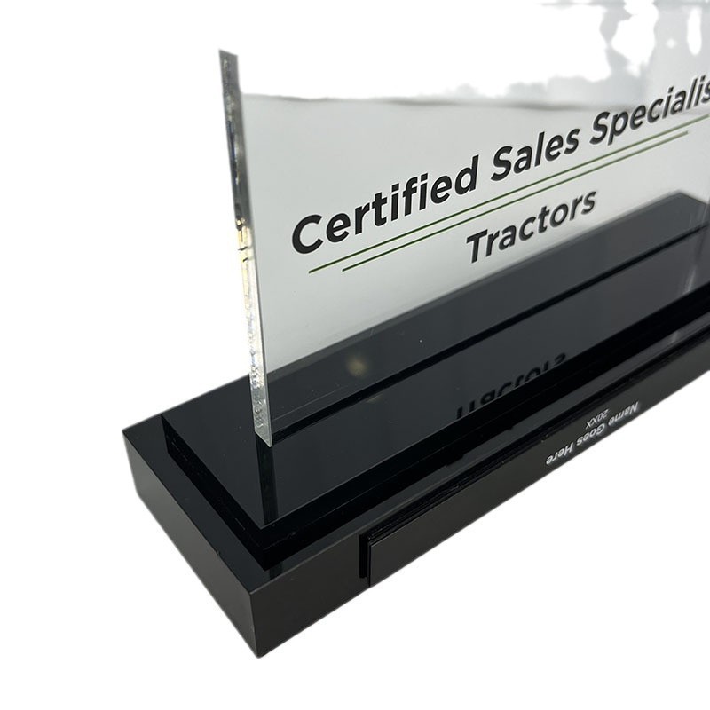 Custom Acrylic Table Sign with Black Base, UV Printed Logo Desk Stand Counter Display Plaque