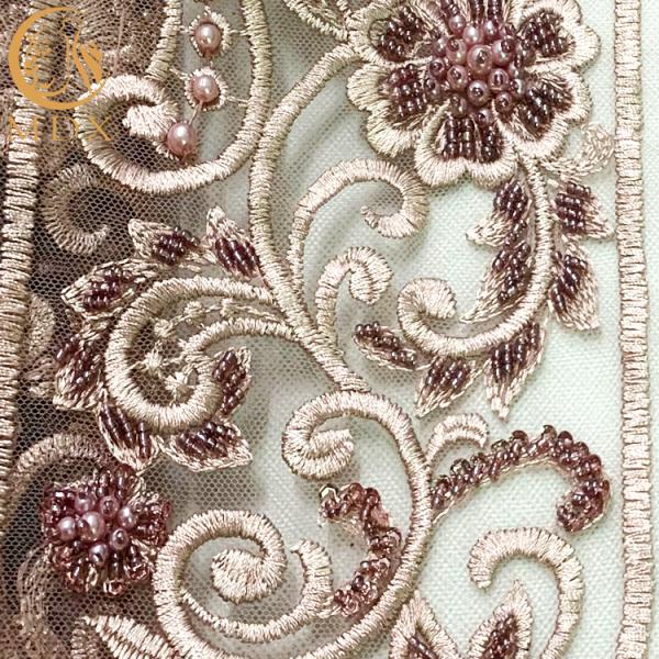 Embroidery Lace Nigerian Style Crystal Beaded Fabric For Bridal Gown