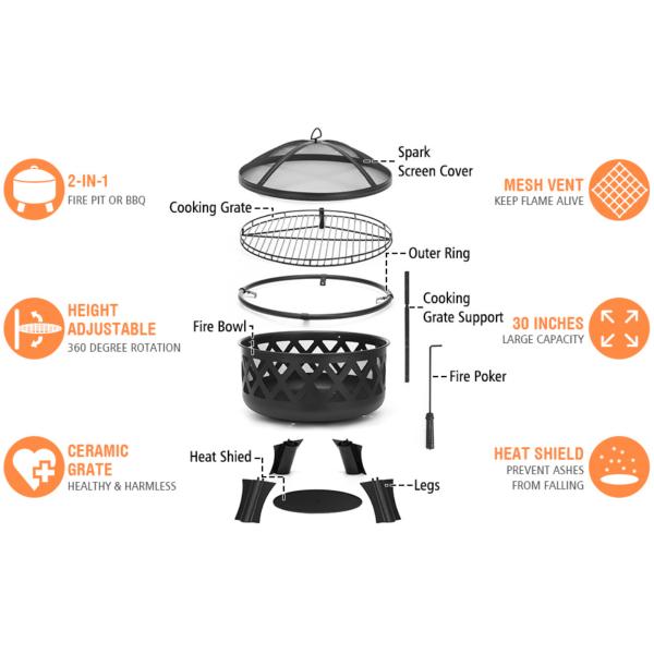 Прямая продажа 30 дюймовых стальных огневых ям для барбекю и более теплых продуктов Размер 75,2 * 75,2 * 58,4 см