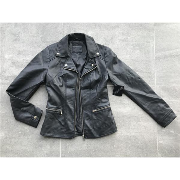 Black Ladies PU Jacket With Lapel Neck , Womens Faux Leather Coat TW74289