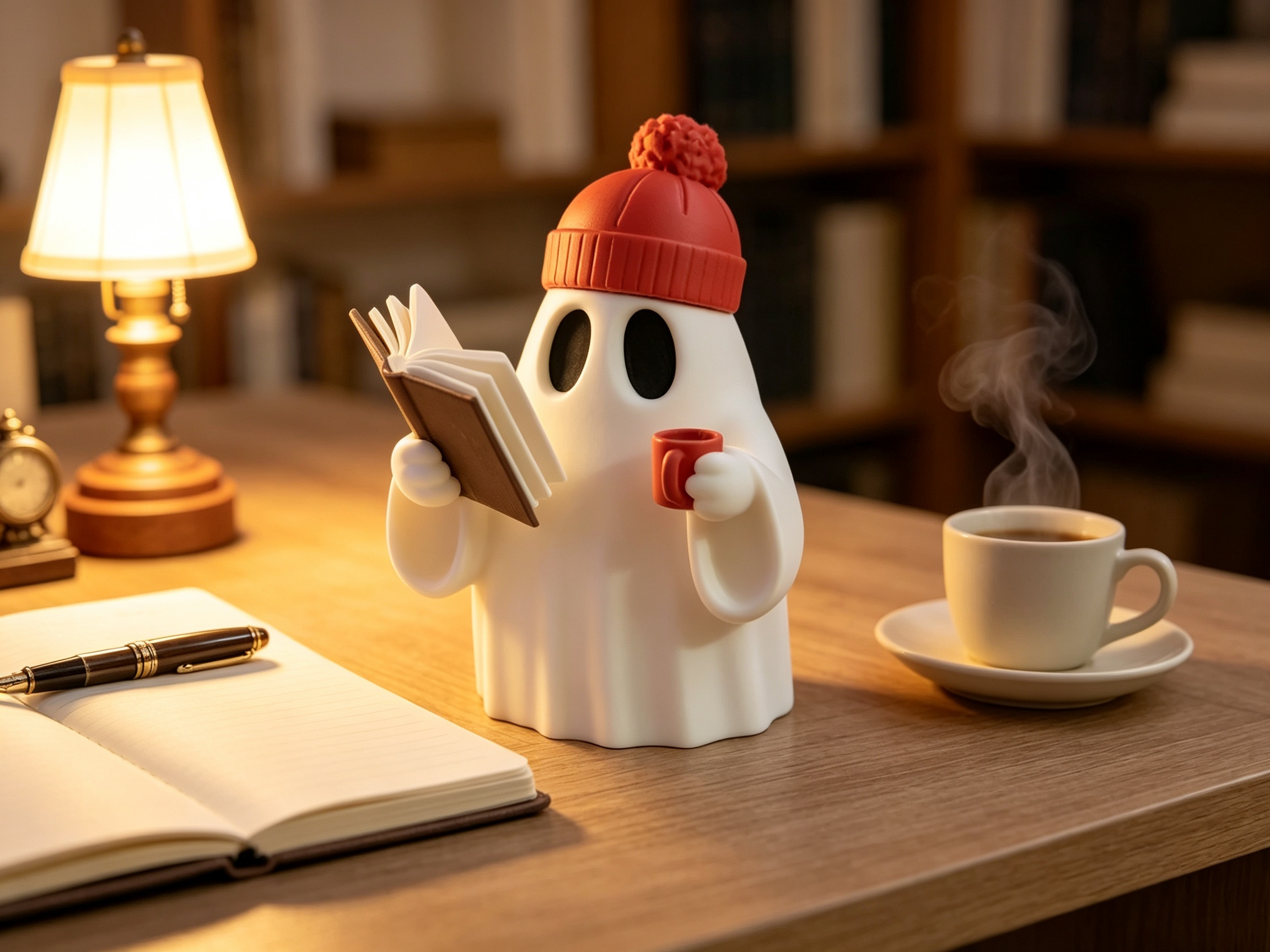 Matte PLA Made 3D Printed Holiday Decoration, Beanie Wearing Reading Ghost Decor for Library Table Display
