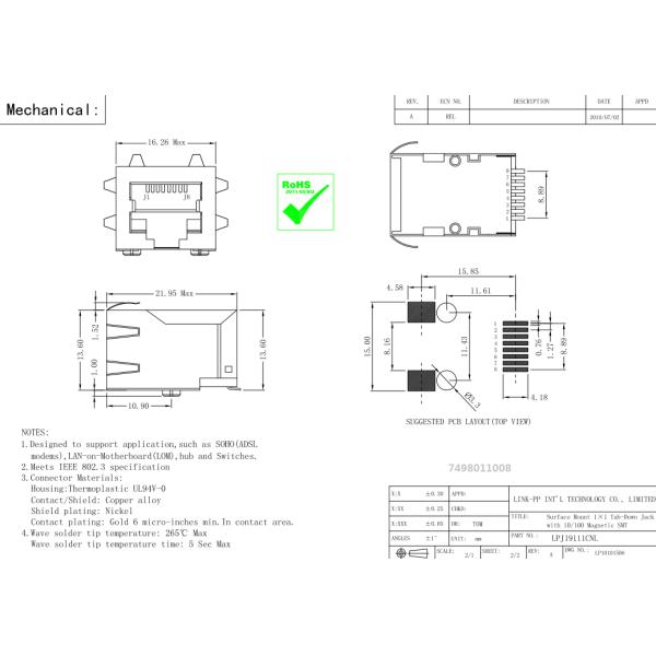 7498011008 установка Rj45 Lan 10/100BaseT трансформатора WE-RJ45 Lan поверхностная