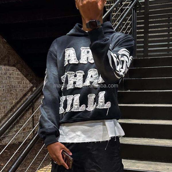 Vintage Sun Faded Acid Wash Distressed Patch Applique Embroidery Cropped Hoodie Men Crop Top Sweatshirt