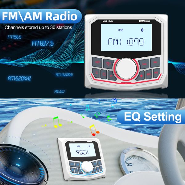 Waterproof Bluetooth Radio Marine Stereo FM AM Digital Media Audio Player+2 Pairs 4 inch Stereo Speakers For ATV UTV Golf Cart Tractor