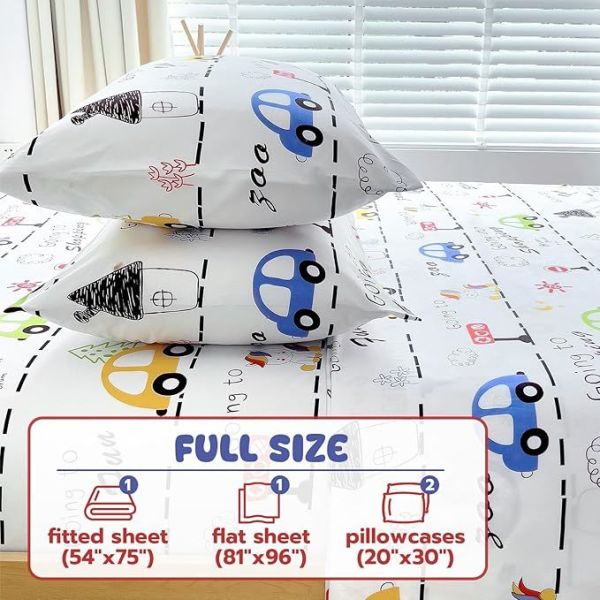 Kids Car Sheets Set With Deep Pockets, Breathable, Wrinkle-Free, Cozy Soft Cute Bed Sheets Set